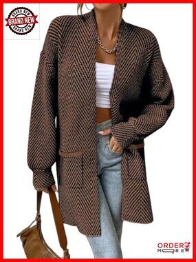 Chevron Open Front Cardigan 100% Acrylic Sweater with Pockets